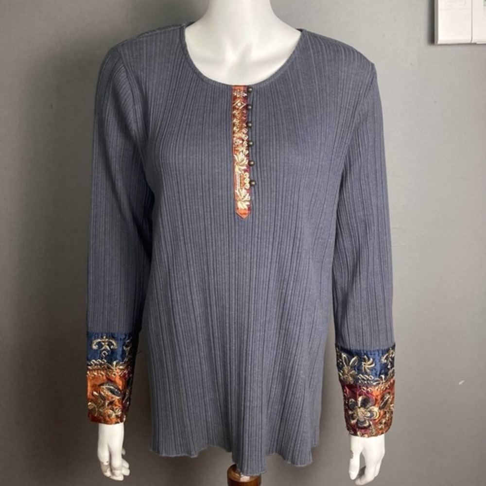 Soft Surroundings top Large‎ grey long sleeve India Patchwork Boho Thermal
